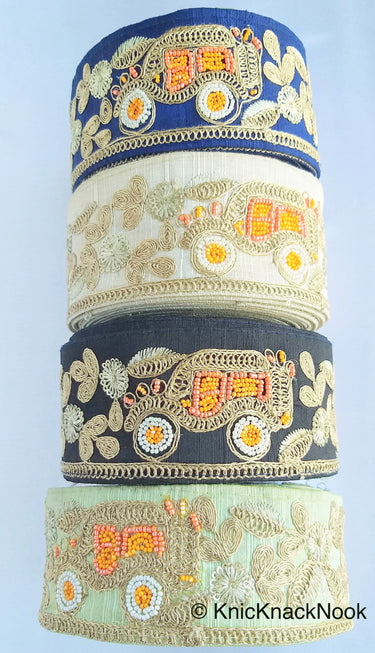 Beige / Sage Green / Black/ Blue Silk Trim With Intricate Gold Embroidered Flowers and Car with Orange And White Beads, Approx. 64mm wide